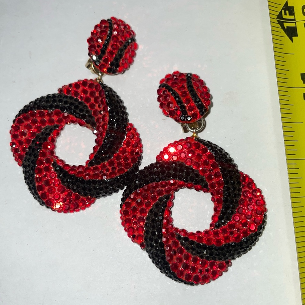Vintage designer Richard Kerr signed Red & Black Pave Crystal Runway Earrings